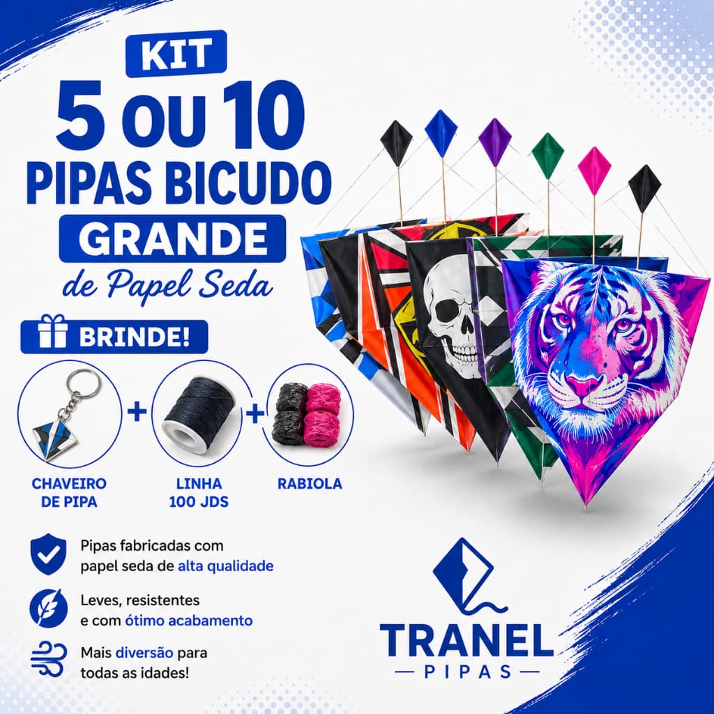 Kit 5 ou 10 Pipas Bicudo Grandes de Papel Seda + Chaveiro, Linha 100 Jardas e Rabiola