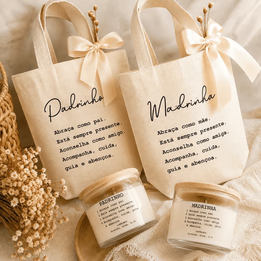 Convite Padrinhos Batizado Madrinha Consagração Vela Aromática e Mini Ecobag Decorada Dindo Dinda