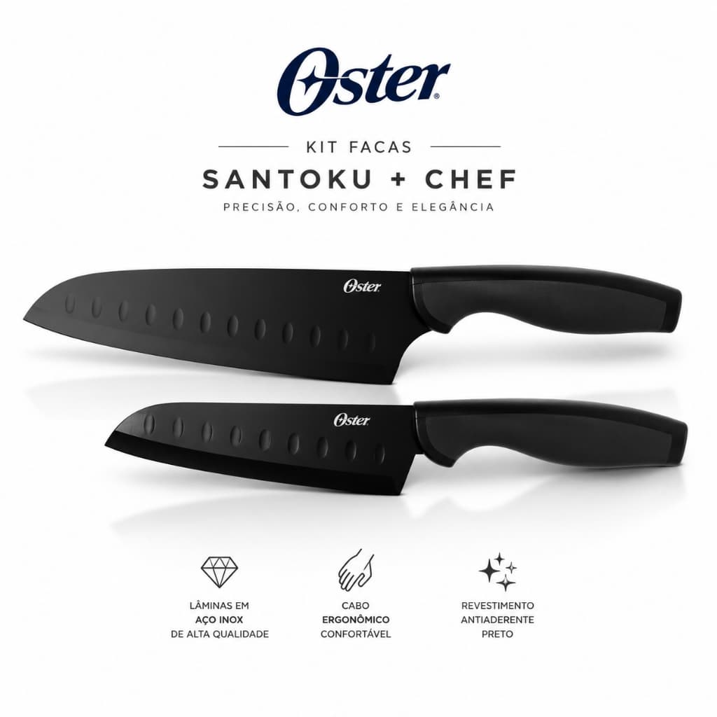 Kit Facas Oster 2 Peças Chef Santoku Aço Inox Antiaderente