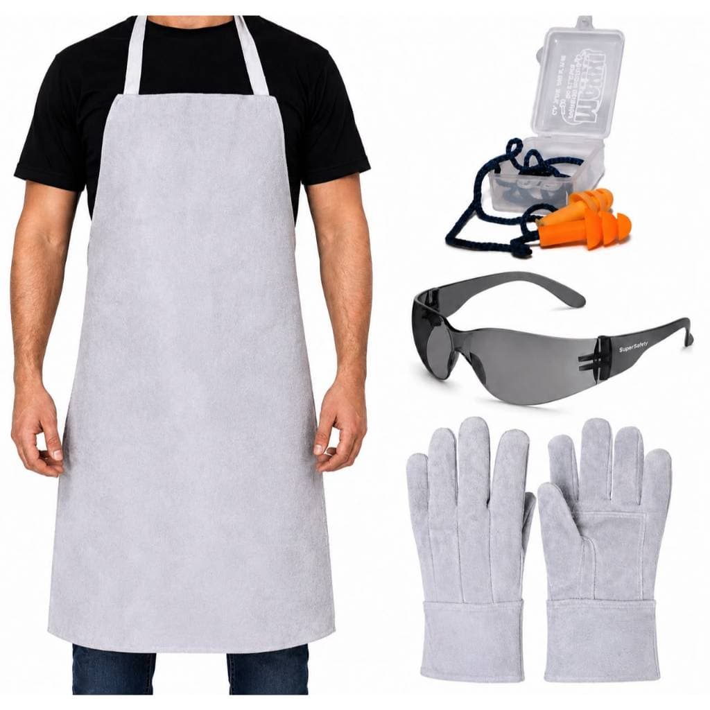 KIT Avental Soldador + Luva de raspa punho 7cm + Protetor Auditivo + Oculos proteção fume