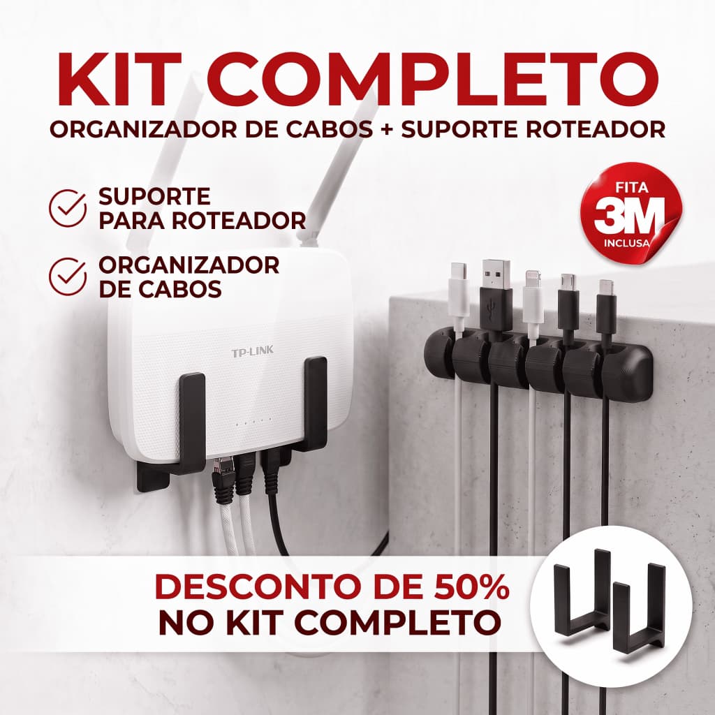 Kit Suporte Roteador Parede Sem Furo Fita 3M WiFi Modem Universal + Organizador Cabos 5 Slots