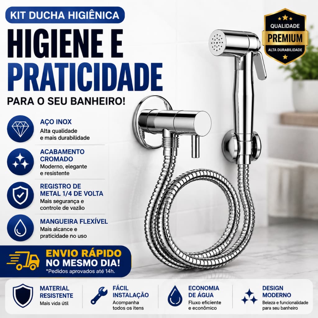 Ducha Higiênica Para Banheiro KIT COM REGISTRO ÚNICO Chuverinho Íntimo Resistente Cromada Aço Inox e Abs