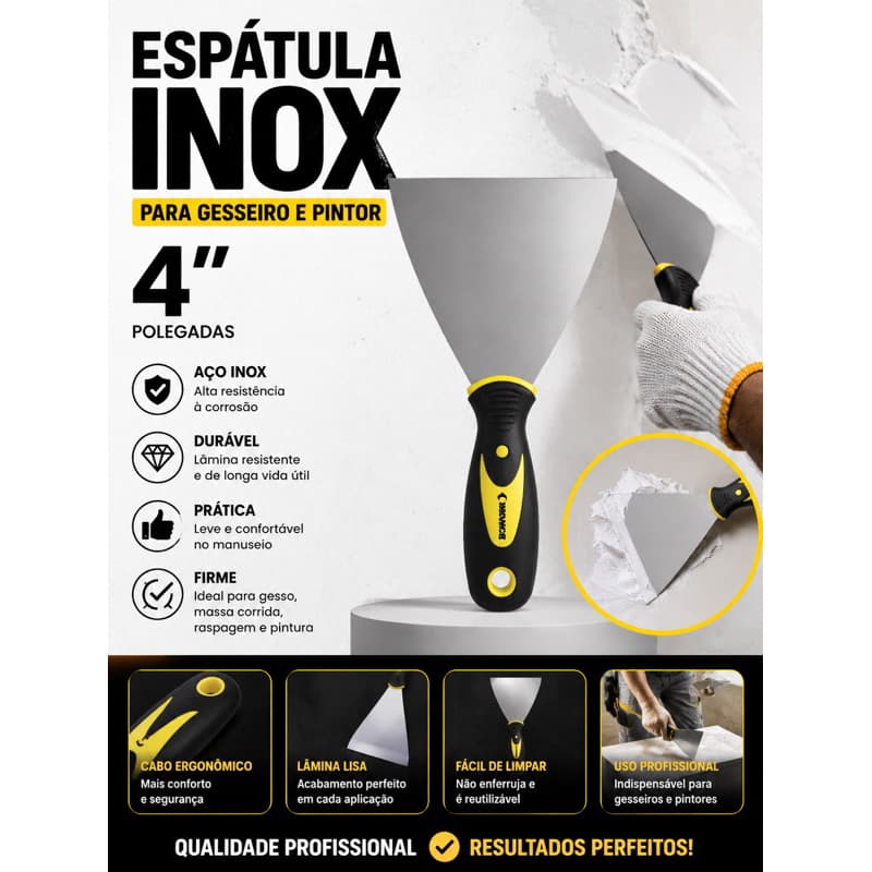 Espátula Inox 4 Polegadas Profissional para Gesseiro, Pintor e Massa Corrida | Aço Inoxidável | Cabo Ergonômico