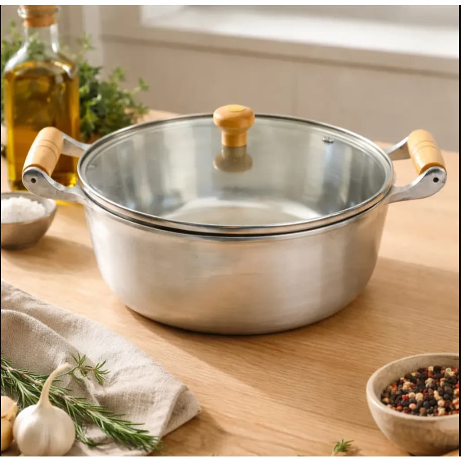 Panela Grande 30cm 5,7L Tampa Vidro Alumínio Fundido Grosso Cabo Madeira