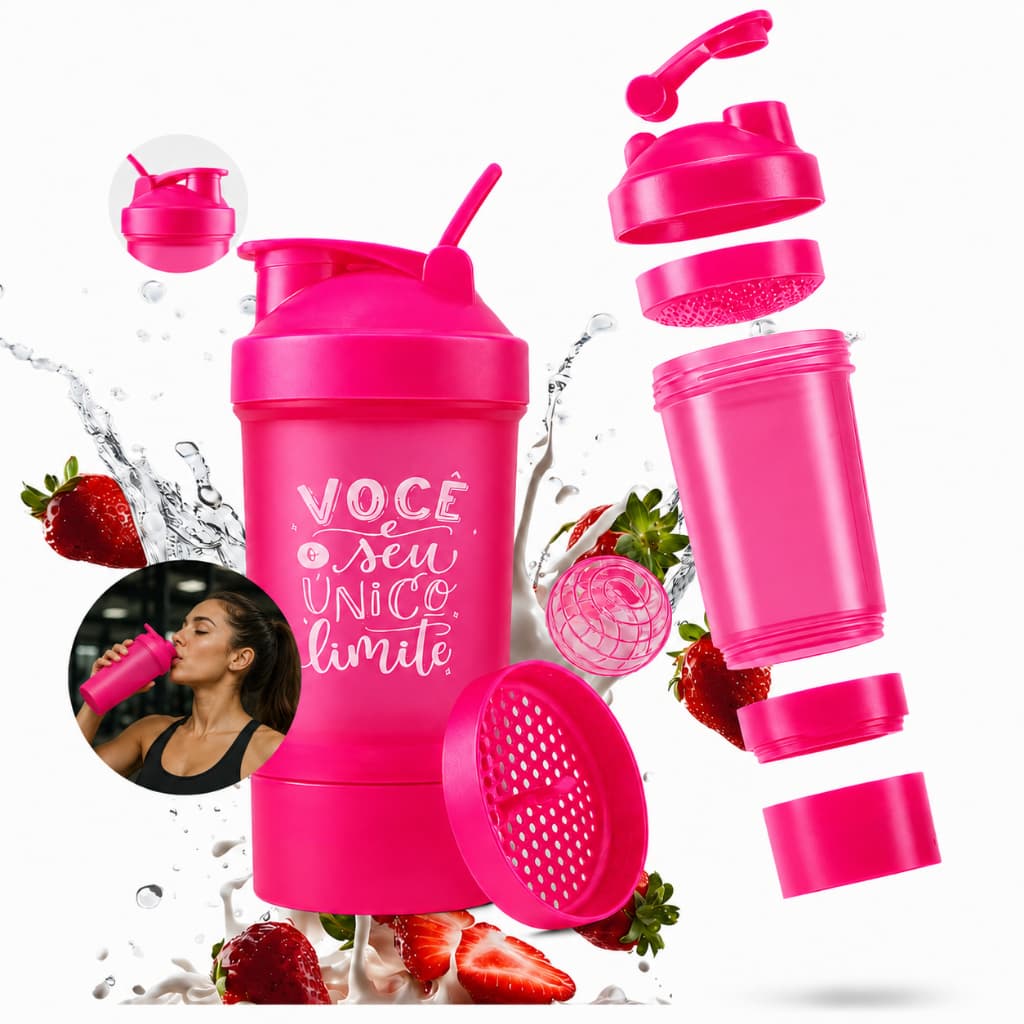 Coqueteleira Rosa 600ml com Porta Suplemento Shaker Fitness Whey Protein Academia