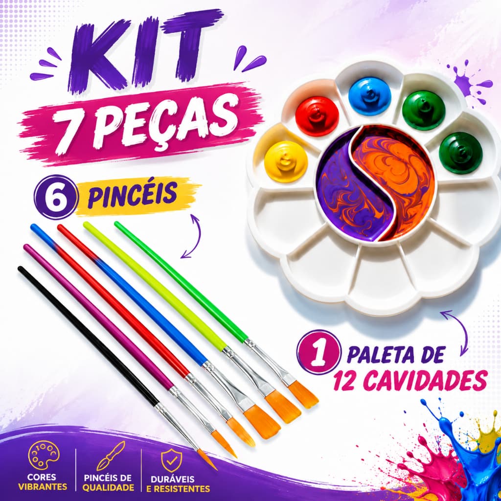Kit 7 Peças Para Pintura Com Pincéis e Paleta Escolar Artesanatos