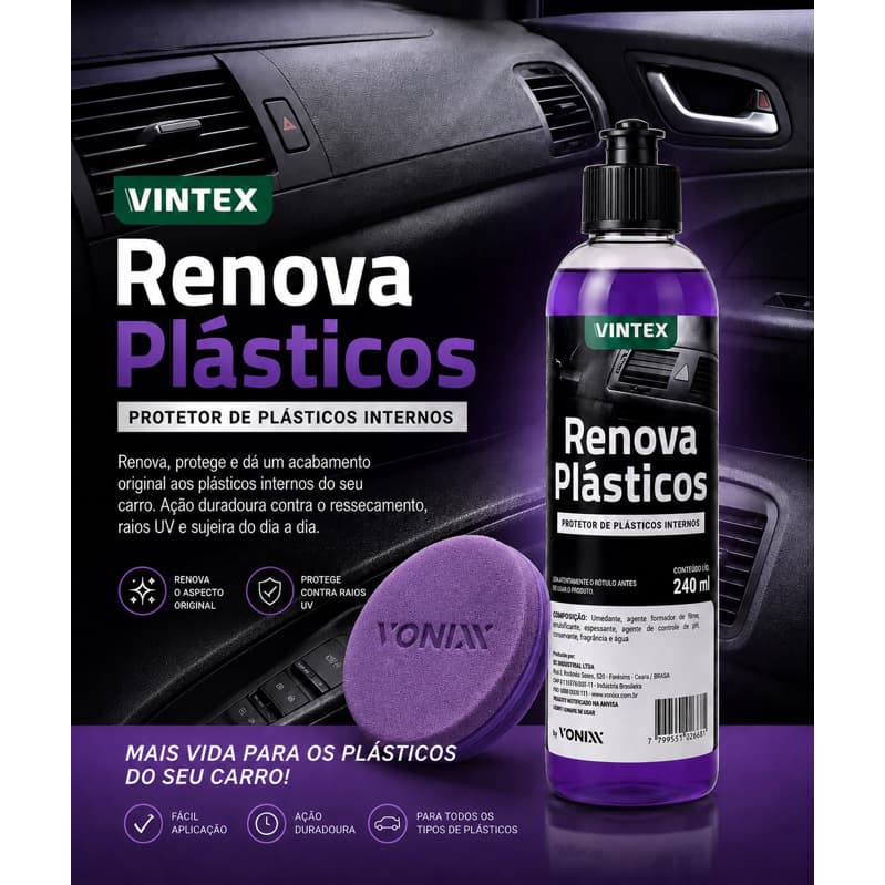 KIT restaurador 240ml vintex  e Aplicador de espuma zacs Restaurador e Revitalizador de Plásticos Internos e Externos