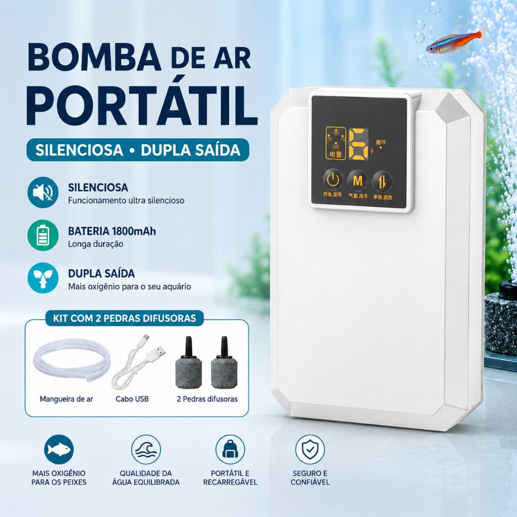 Bomba de Ar Oxigenador para Aquário Portátil Silenciosa Dupla Saída Recarregável USB 1800mAh com 2 Pedras Porosas