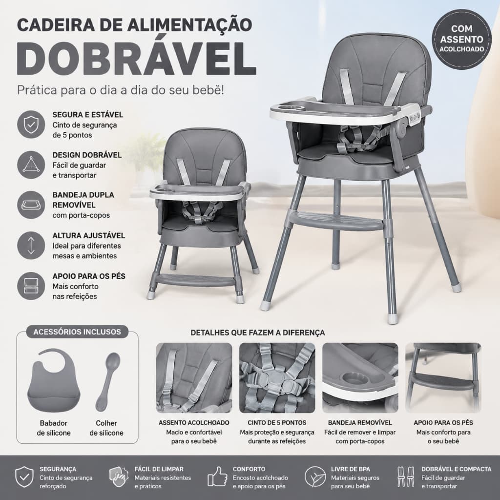 Cadeira de Alimentação para Bebê Dobrável 5 Pontos, Bandeja Removível, Altura Ajustável e Assento Acolchoado