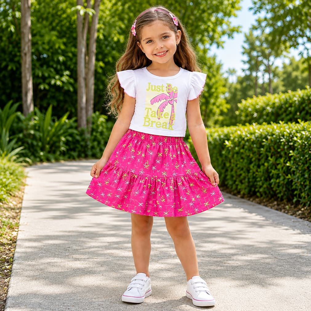 Conjunto Infantil Verão Blusa Meia Malha Estampa Tropical e Saia Poliflex Estampada Roupa Infantil