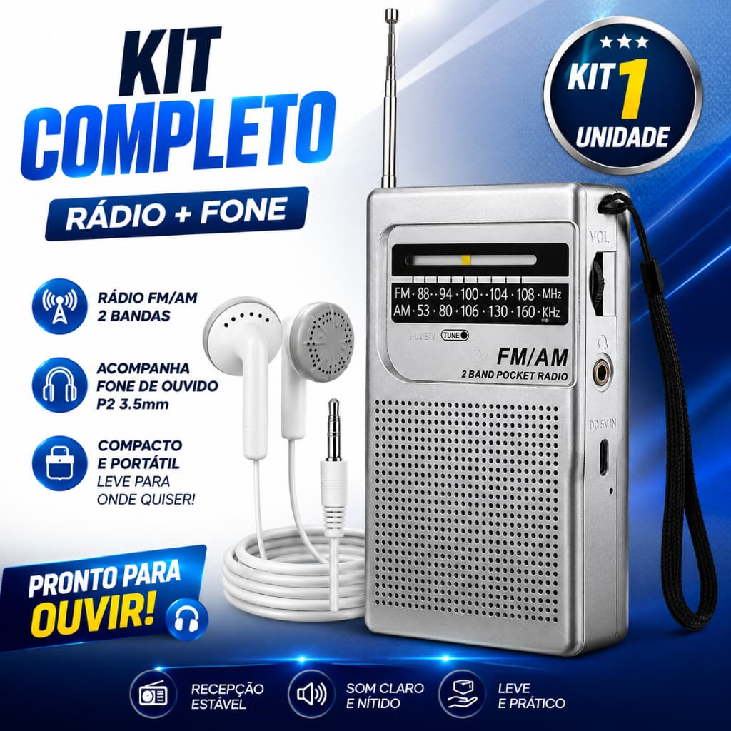Rádio de Bolso FM AM Portátil Retrô + Fone P2 Estéreo Mini Rádio Recarregável Tipo-C
