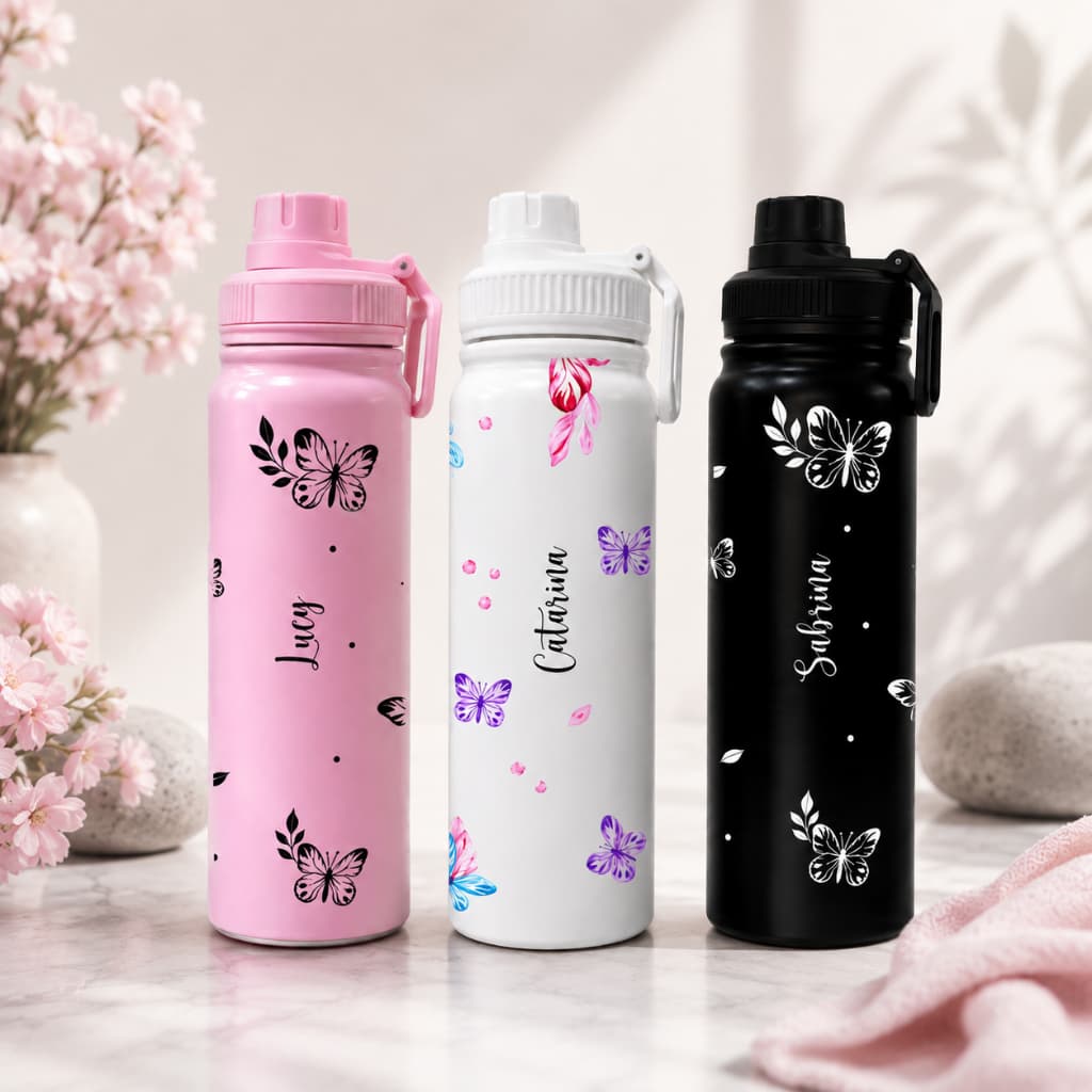 Garrafa Térmica Inox 800ml Personalizada Borboletas 360º - Presente Premium Exclusivo