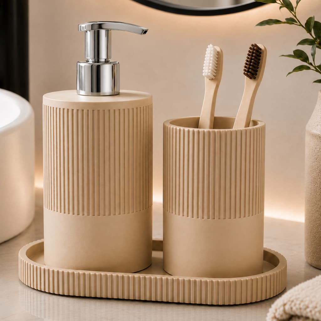 Kit Banheiro Lavabo Bege Porta Escovas Dispenser Sabonete Líquido Bandeja Minimalista