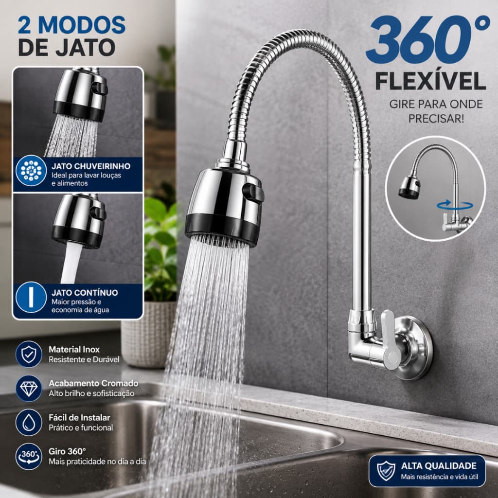 Torneira Gourmet Inox Cozinha Luxo Parede Flexível 360° Chuveirinho 2 Modos de Jato