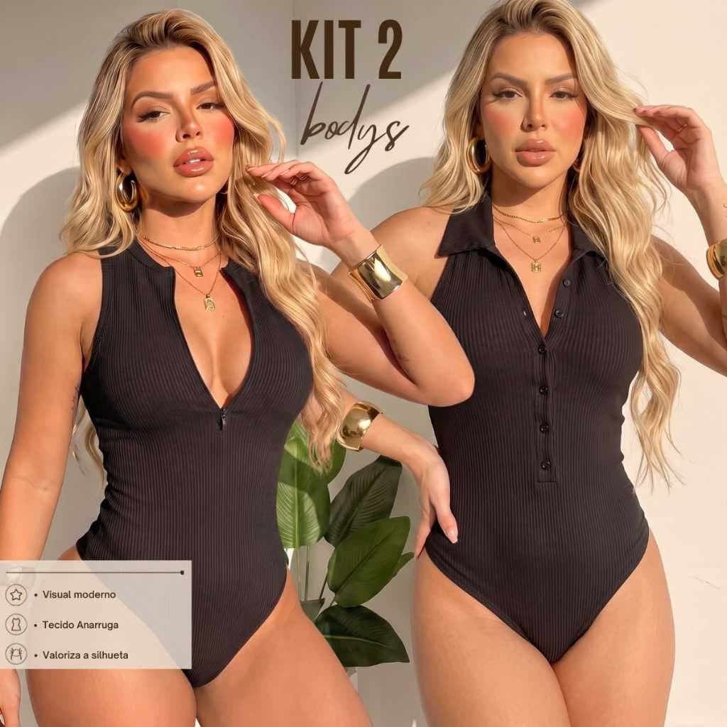 Kit 2 Bodys Feminino Anarruga Canelado Zíper Regata + Botões Gola Polo Têndencia Moda Blogueira Elegante