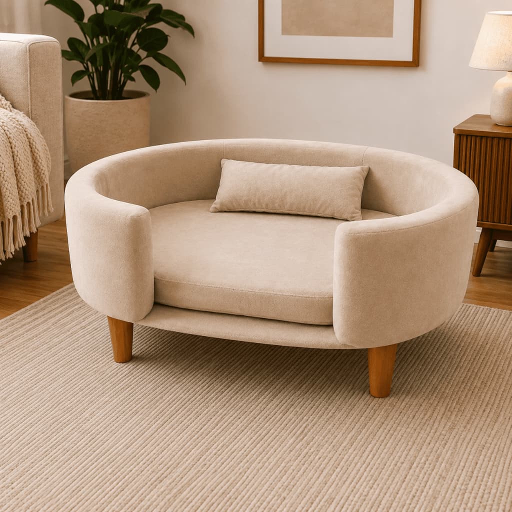 Cama Pet Luxo Tipo Poltrona Dior Veludo Bege Sofá Para Cachorro Gato Com Almofada Conforto Premium