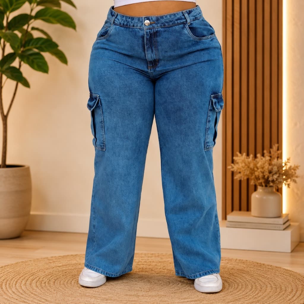CALÇA JEANS PLUS SIZE CARGO WIDE LEG BLOGUEIRA 6 BOLSOS  SEM LYCRA BOCA LARGA LINHA PREMIUM 100% ALGODÃO