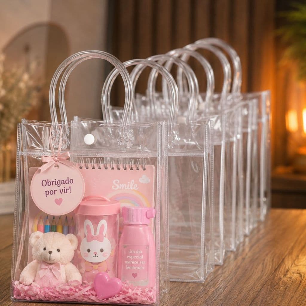 Kit 5 10 15 20 Sacola Transparente para Lembrancinhas Presentes 20X20cm com botão alça