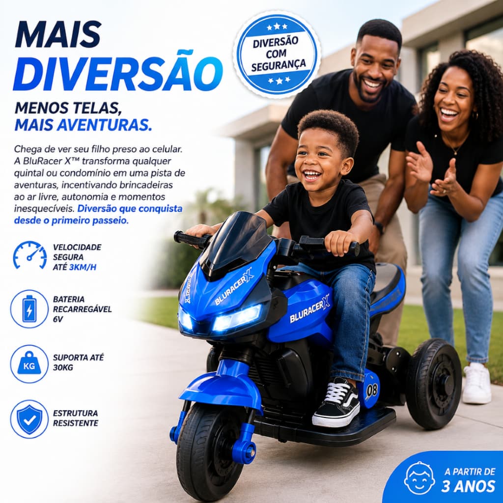 Moto Elétrica Infantil 6V BluRacer X Triciclo Motorizado Infantil Azul Brinquedo Criança 3+ Anos