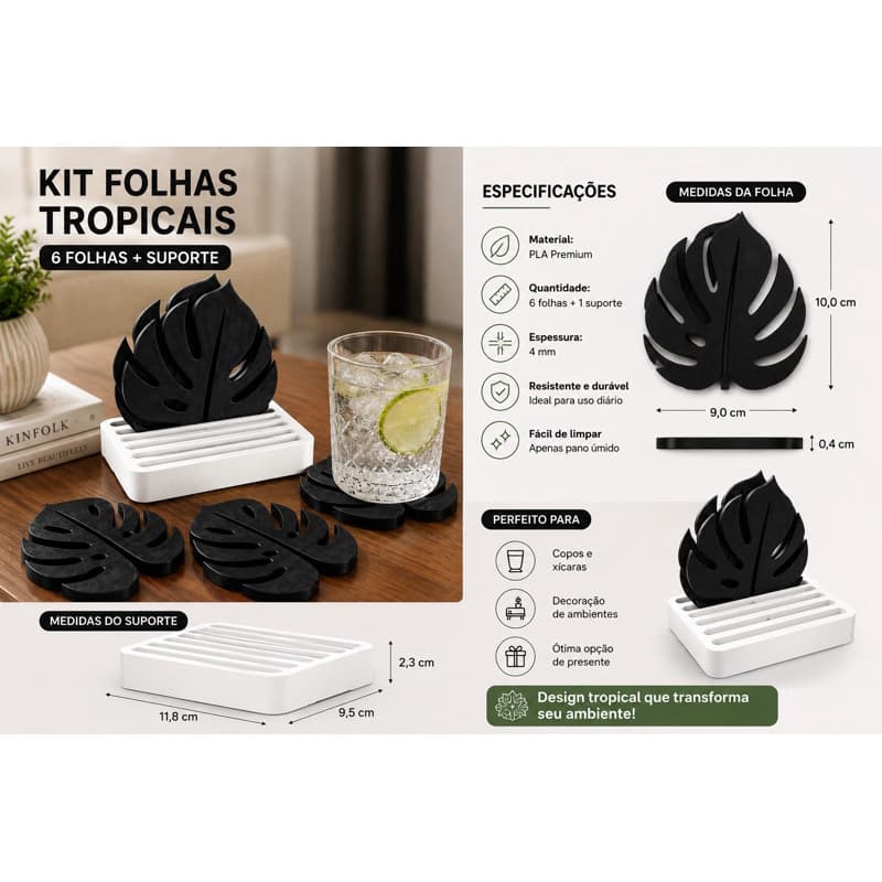 Kit Folhas Tropicais — Porta-Copos + Suporte