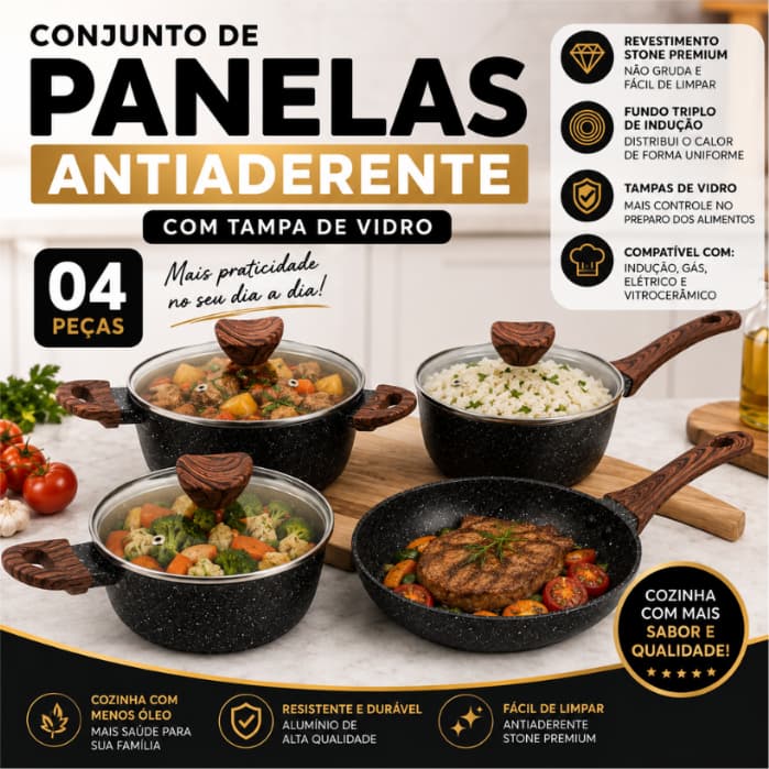 Jogo de Panelas Preto Antiaderente Não Gruda 4 Peças Tampa de Vidro e Baquelite Panela Frigideira Conjunto Indução Gás