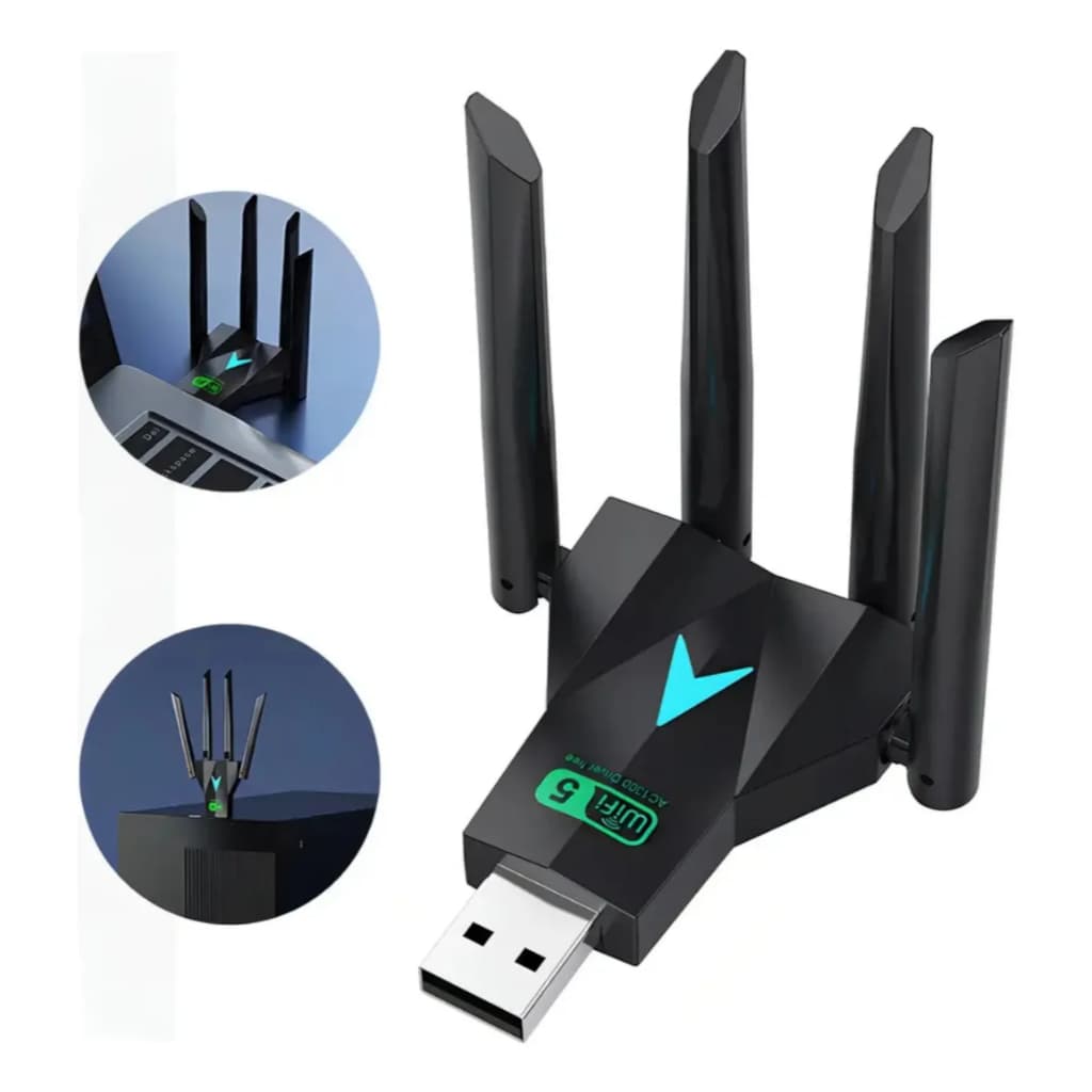 Adaptador Wi-Fi USB Dual Band 1200Mbps 5GHz 2.4GHz 4 Antenas Receptor Wireless para PC Computador