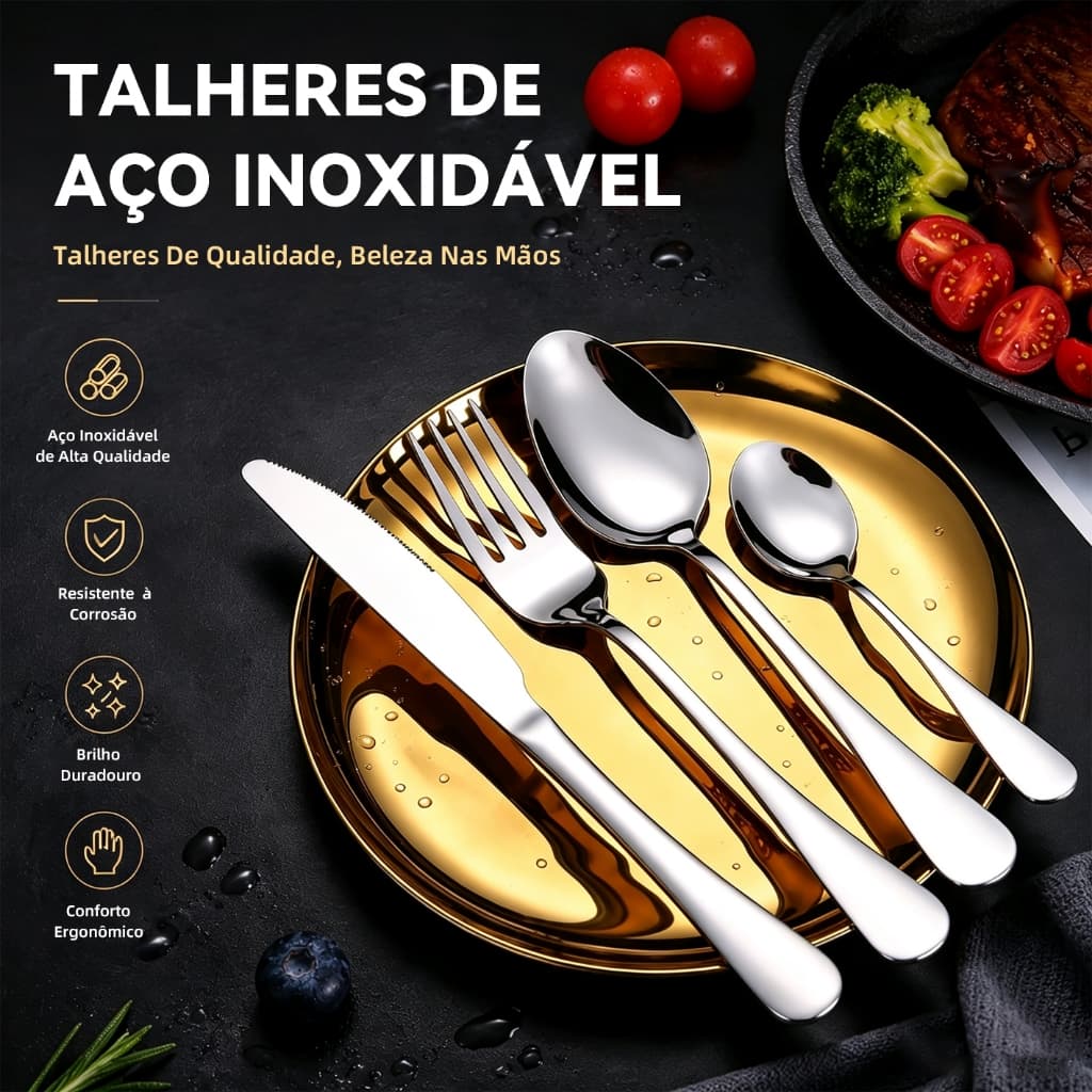 Conjunto Talheres Dourado 30 Peças Aço Inoxidável Alimentar para 6 Pessoas Jantar Casa Hotel Envio do Brasil