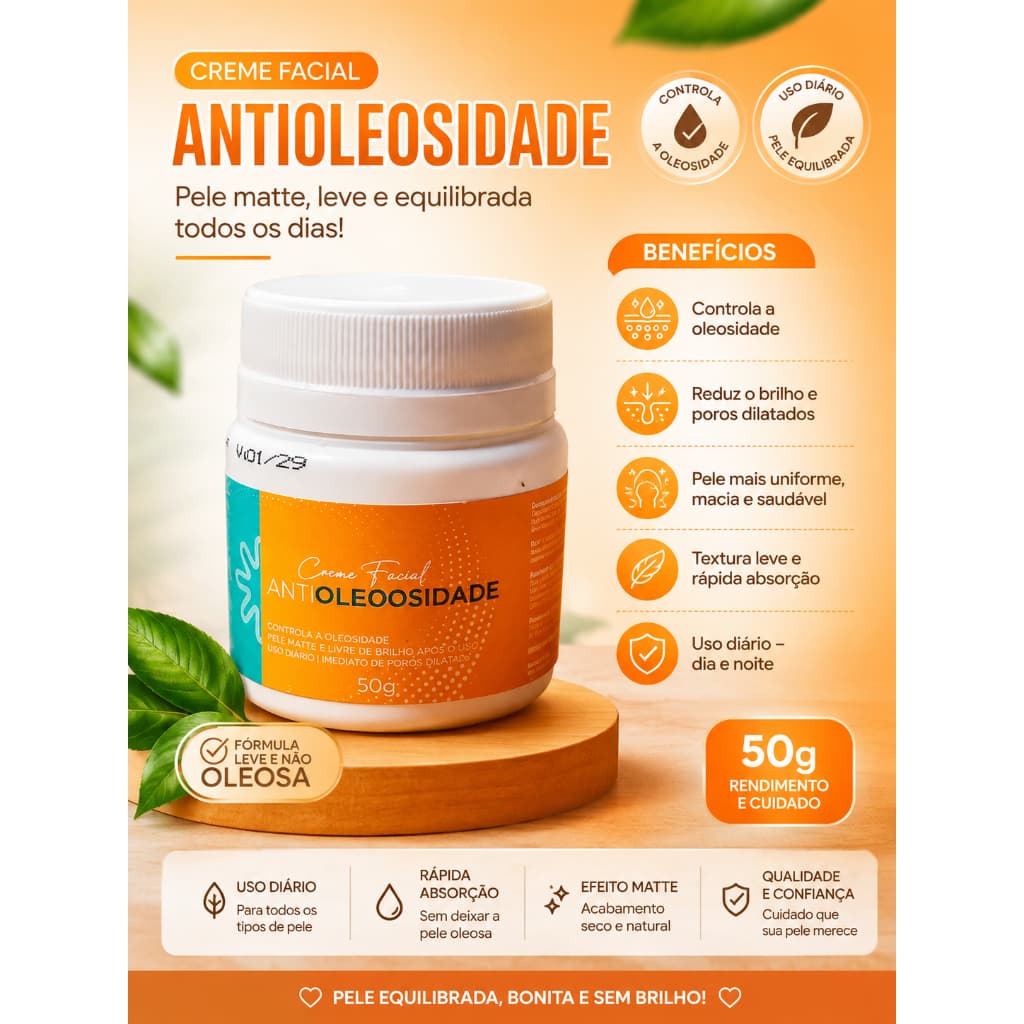 Creme Facial Antioleosidade 50g Controle de Oleosidade Hidratação Matificante Para Pele Oleosa