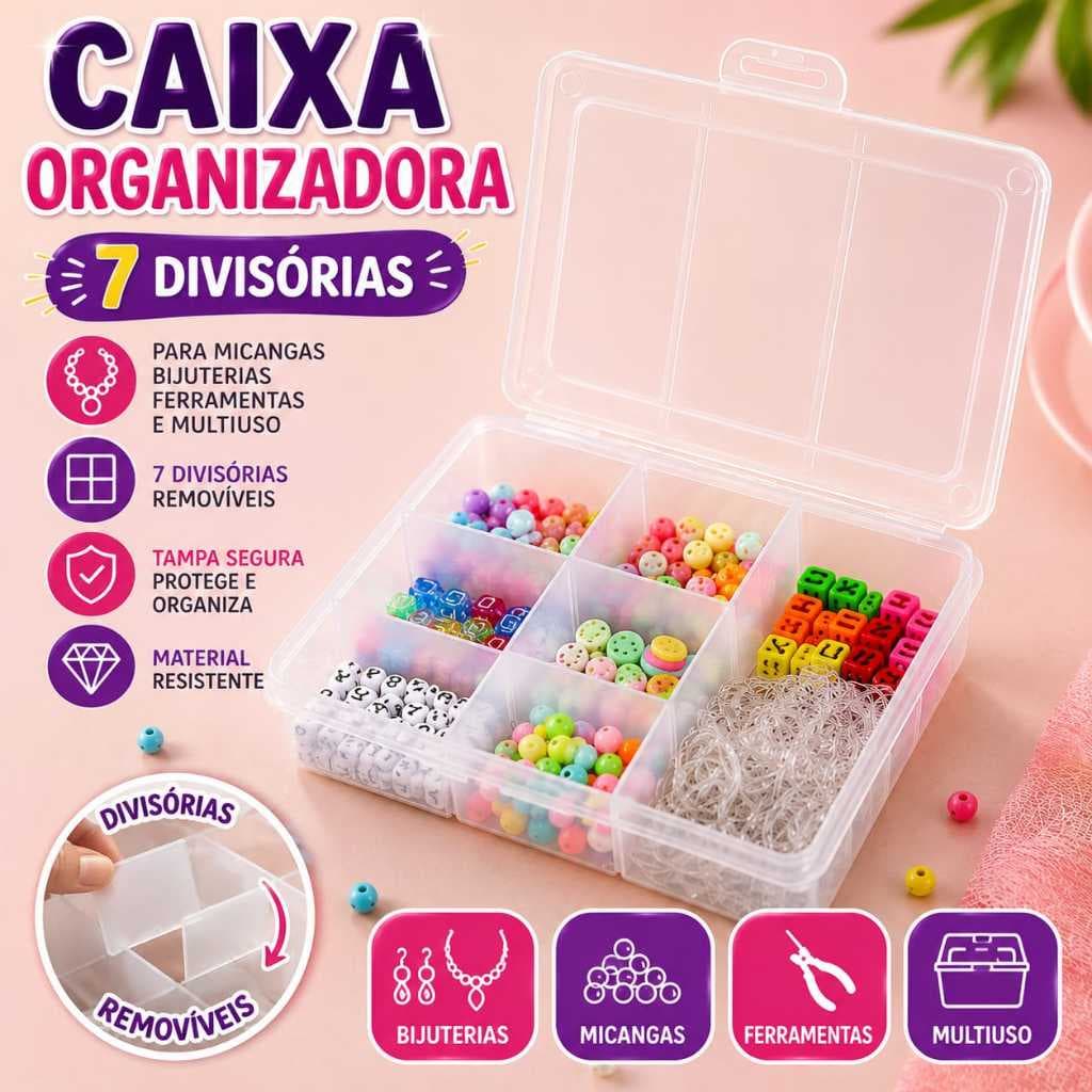Caixa Organizadora 7 Divisorias Para Miçangas Bijuteiras Transparentes Com Tampa Trava Segura Caixa Organizadora