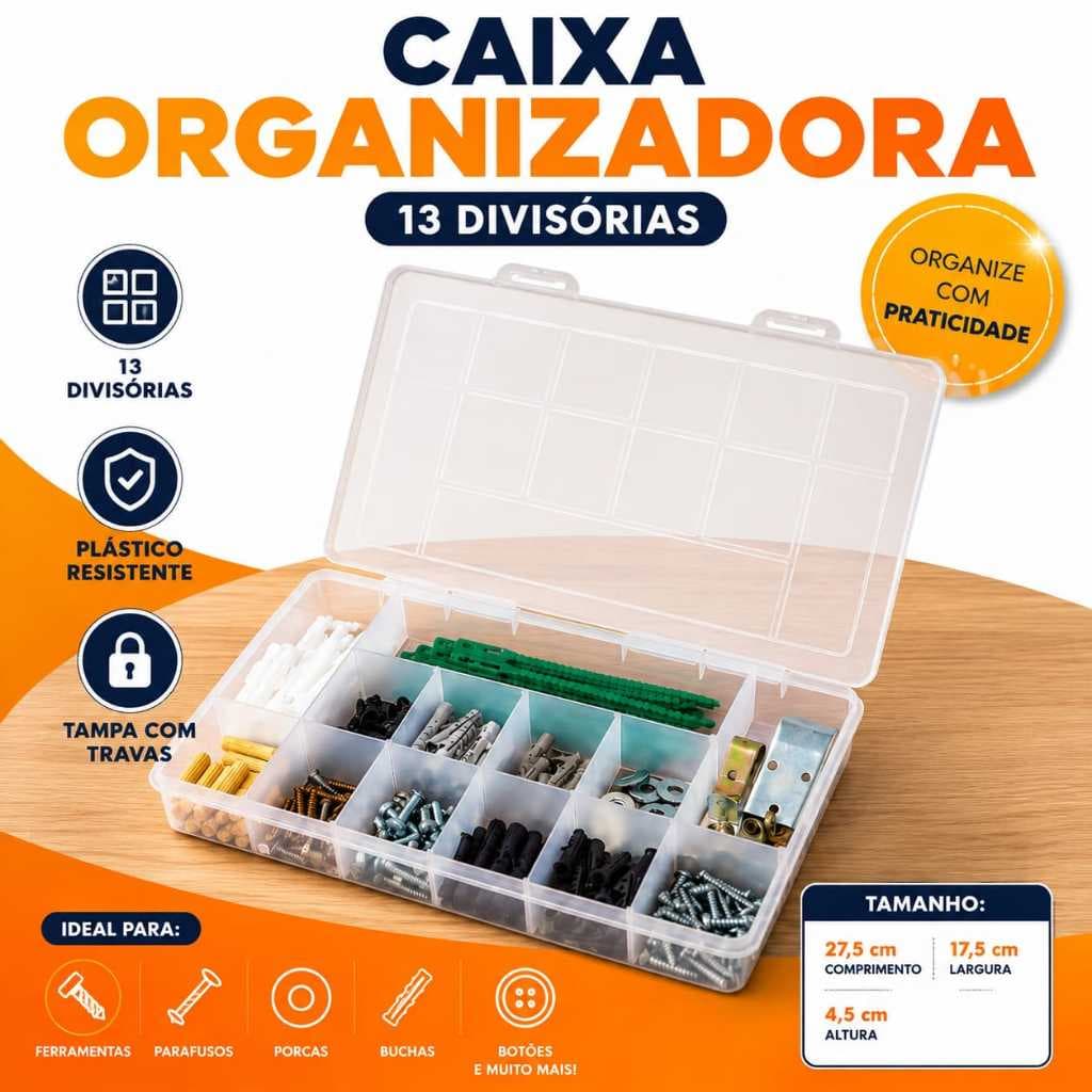 Caixa Organizadora 13 Divisorias Ferramentas Acessorios Com Tampa Trava Segura Caixa Organizadora