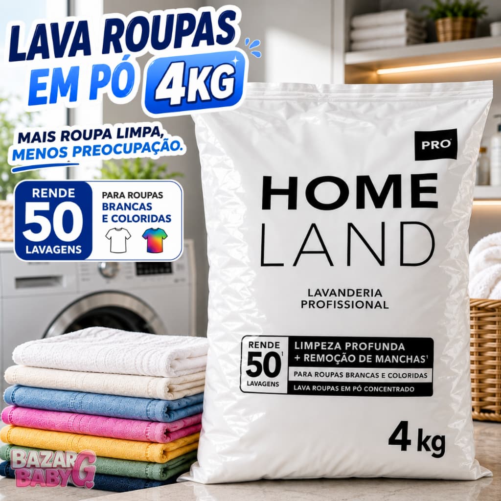 Lava Roupas em Pó Home Land Pro 4kg Concentrado | Limpeza Profunda e Remoção de Manchas | Rende 50 Lavagens