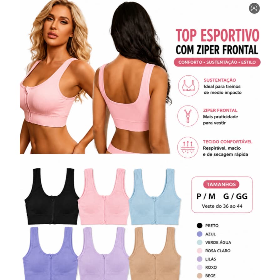 Top Fitness Feminino com Zíper Frontal Top Academia Sem Bojo Confortável Alças Largas