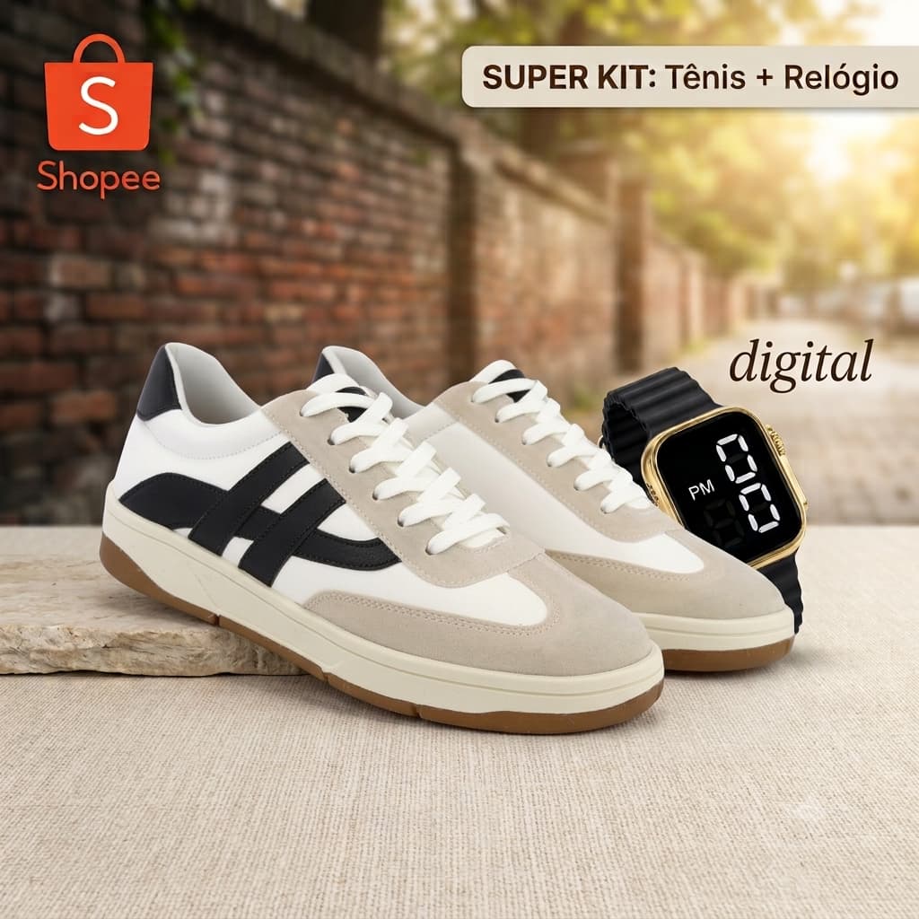 Kit Tênis Feminino Casual Leve Confortável + Relógio Digital Estiloso Dia a Dia Lançamento branco preto