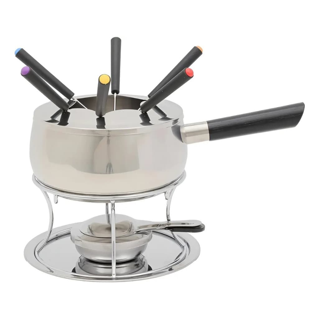 Kit Conjunto Aparelho Fondue Inox Completo Cabo 6 Garfos para Chocolate Queijo Carne e Sobremesas