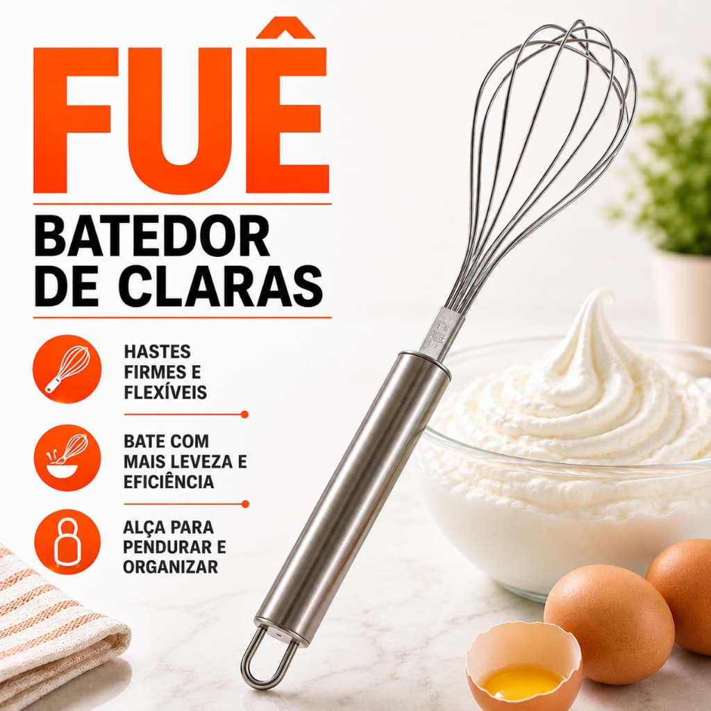 Batedor de Claras Fuê Aço Inox 28,5cm para Confeitaria Ovos Massas Molhos Fouet Utensílio de Cozinha