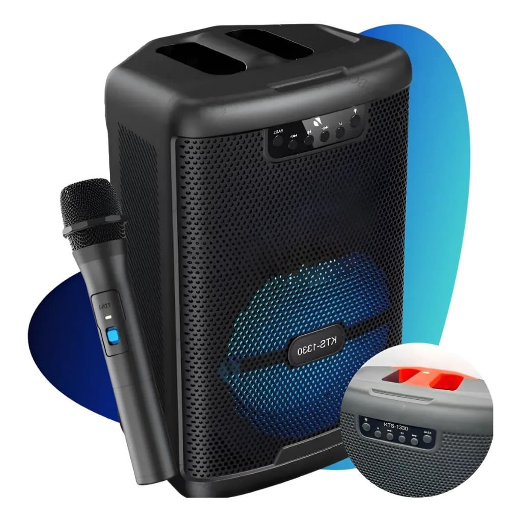 Caixa De Som Bluetooth Potente + Microfone Sem Fio Karaokê, LED, FM, USB, SD