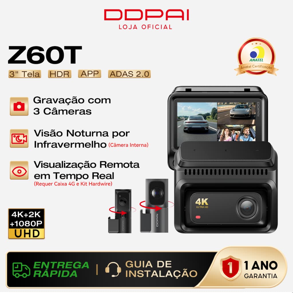 DDPAI Z60T Câmera Veicular 3 Canais 4K+2K+1080P HDR 60FPS Visão Noturna AI ISP 2.0 Câmera Interna IR APP Wi-Fi GPS ADAS