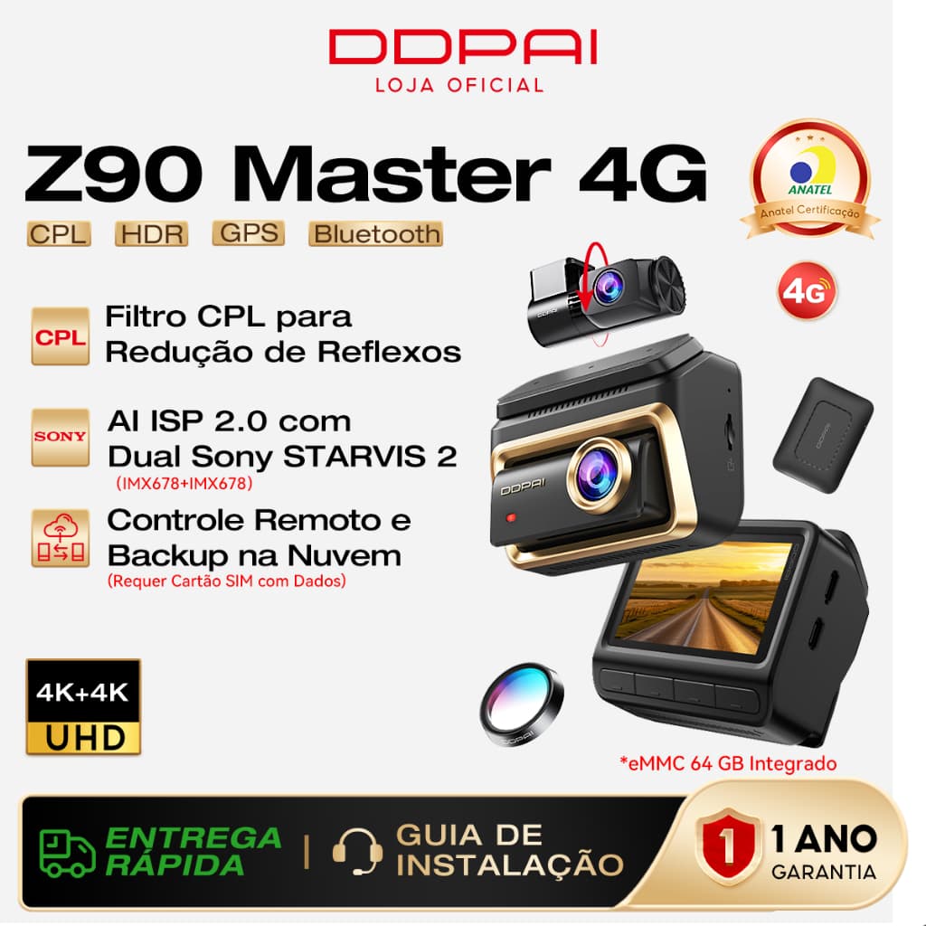Câmera Veicular Monitoramento Remoto DDPAI Z90 Master 4G Dual 4K 3" Tela Visão Noturna eMMC 64GB STARVIS 2 WiFi GPS WiFi
