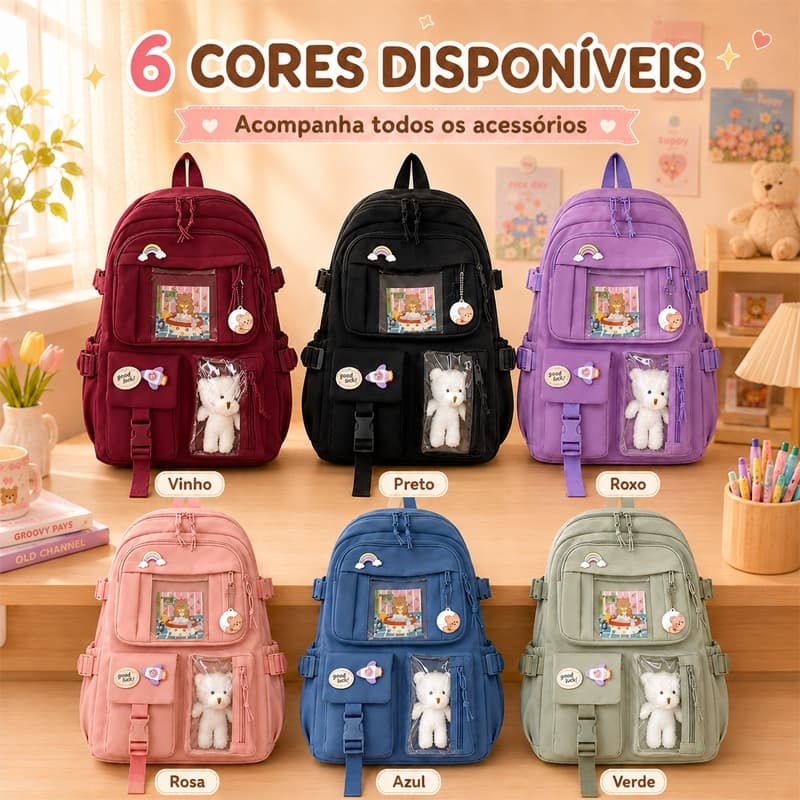 Mochila Feminina Universitária Kawaii com Acessório de Ursinho Grande Capacidade Casual