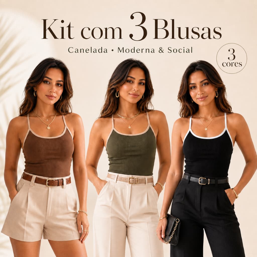 Kit 3 Blusa feminina Lisa  Regata  Malha Canelada Premium Básica