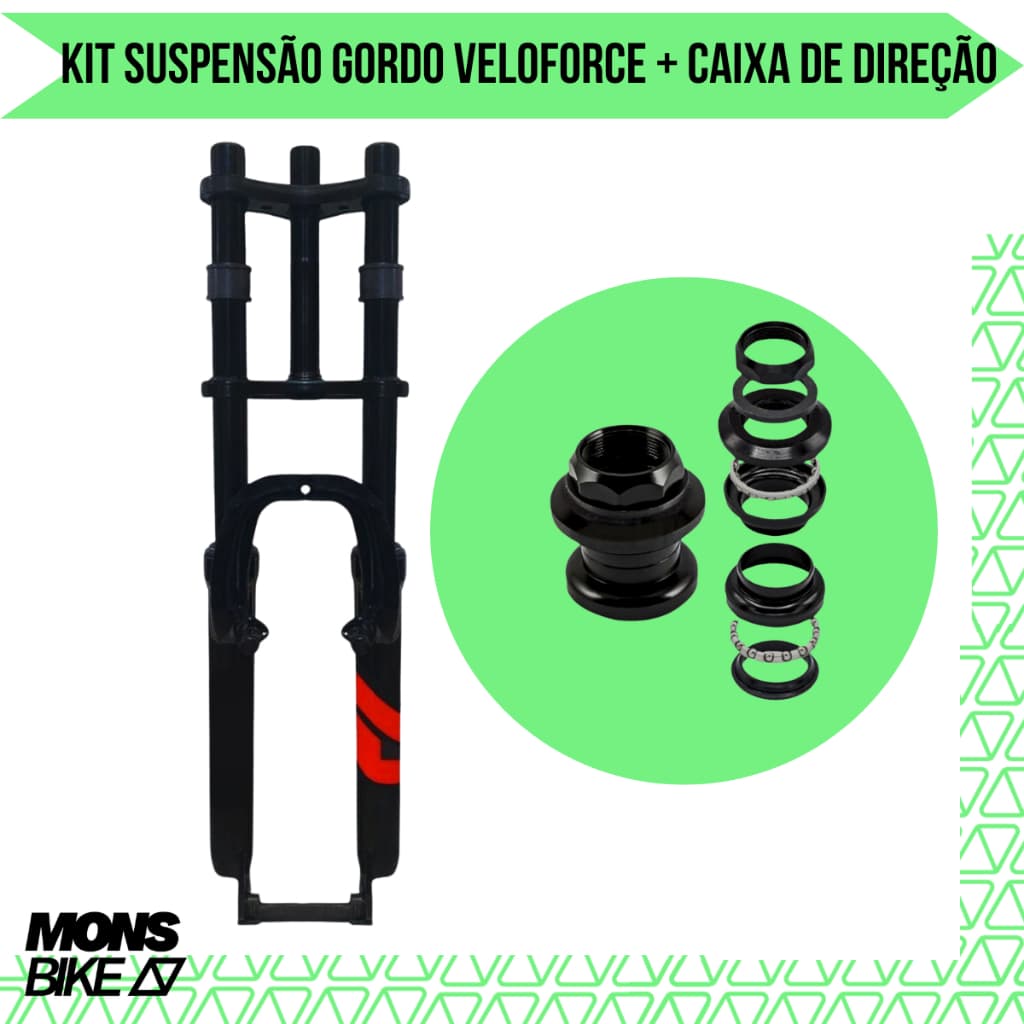 Kit Veloforce Garfo Suspensão Aro 26 Garfo Gordo Standard + Caixa de Direção Standard 22.2 C/ Trava