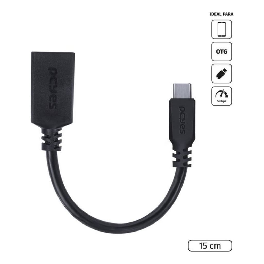 Cabo Adaptador OTG Tipo C para USB A 3.0 Fêmea Pcyes P3AMUP-15 15cm 5Gbps Preto Pendrive no Celular