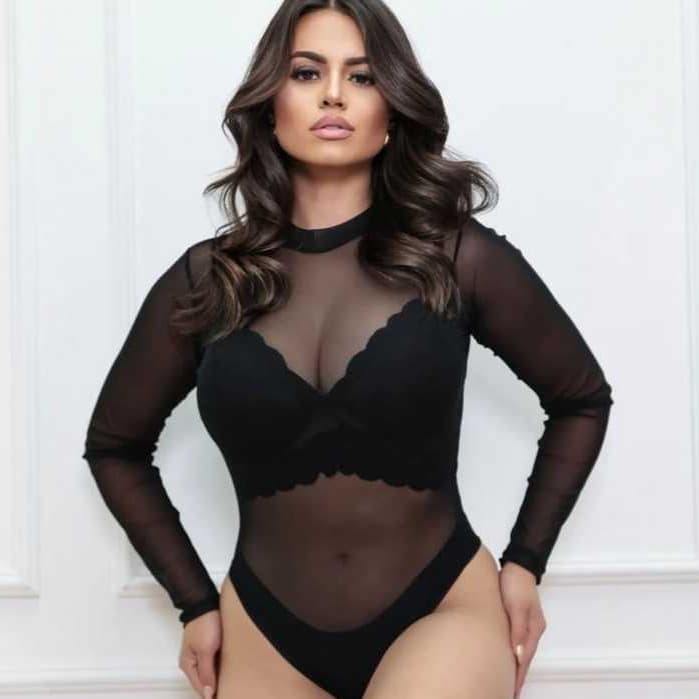 Body Feminino Tule Liso Manga longa Blogueirinha, Body Tule Liso Transparante, Body Tule Manga Longa Inverno