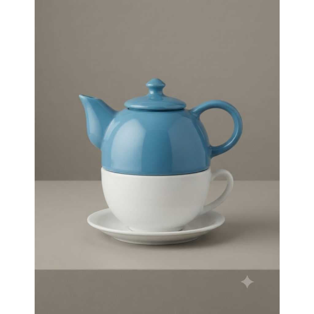 Kit de Chá Café Bule Bicolor com tampa Azul e Pires em Porcelana