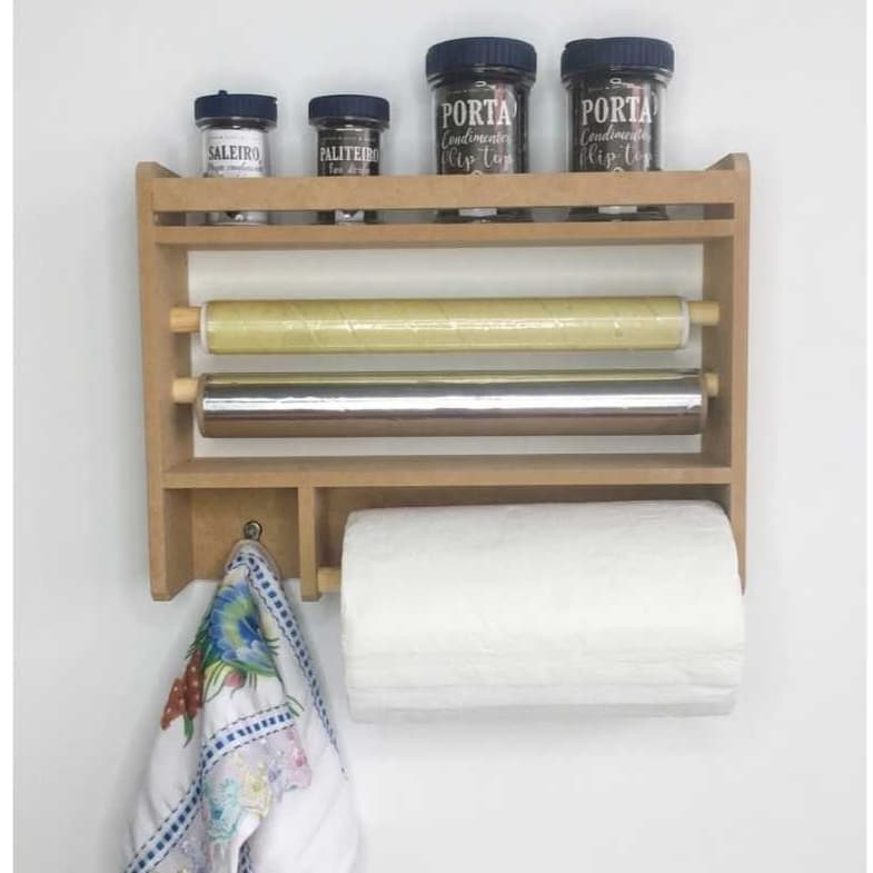 Porta tempero cozinha organizador de condimentos 3 em 1 suporte papel toalha aluminio filme madeira decorativo parede