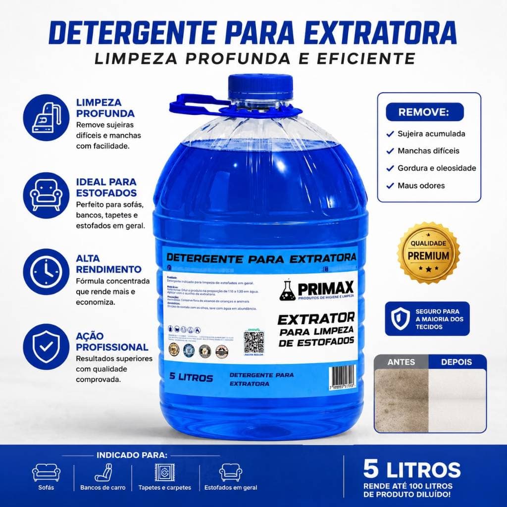 Detergente para Extratora 5L Limpeza de Estofados Sofás Bancos Carpete Uso Profissional e Residencial