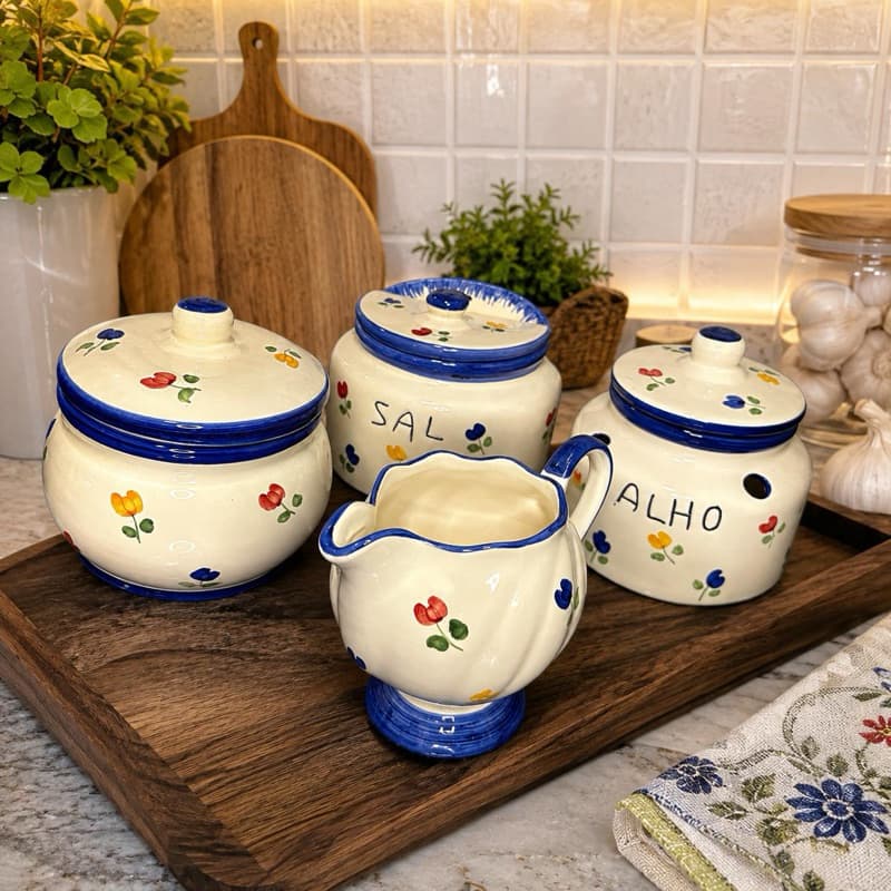 Kit Potes de Cerâmica Decorativos 4 Peças Cozinha Sal Alho Mantimentos com Jarra Bruna