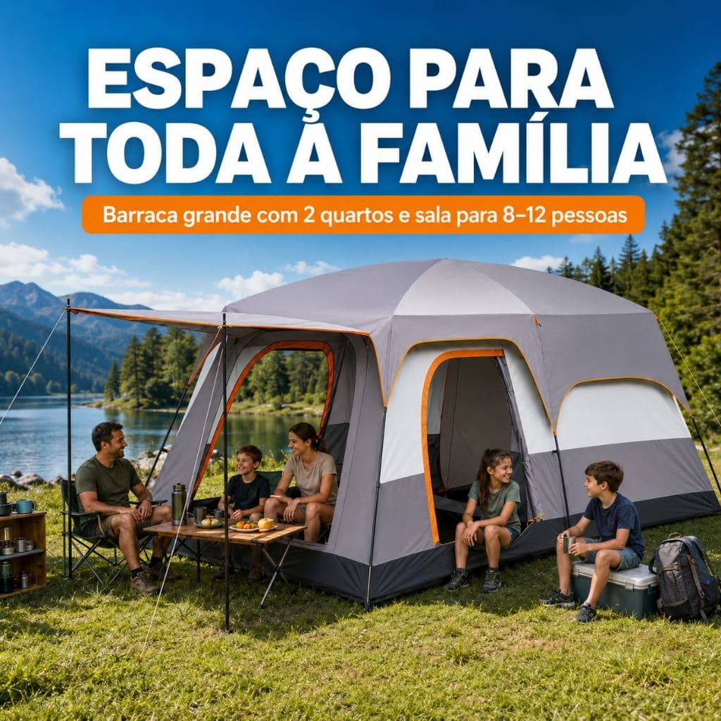 Barraca Familiar Grande 8–12 Pessoas com 2 Quartos, Sala, Cobertura Frontal e Amplo Espaço para Camping