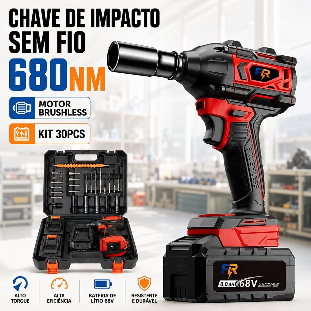 Chave de Impacto a Bateria Profissional 680Nm sem Fio Com Baterias Brushless - Kit 30 Pecas