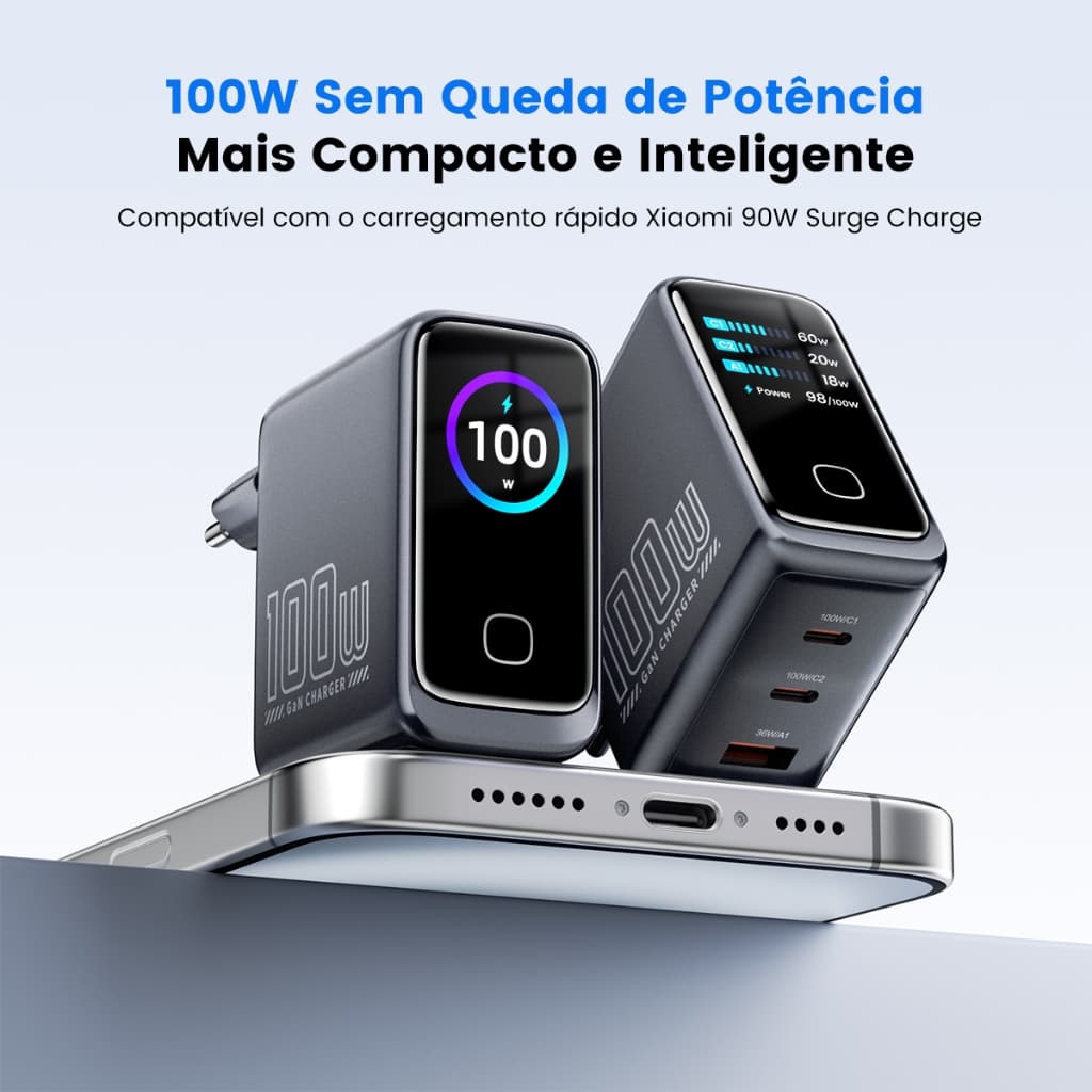 Carregador GaN 100W 2C1A PD, Carregamento Super Rápido, Display Digital, Compatível com iPhone, iPad, Samsung,notebooks